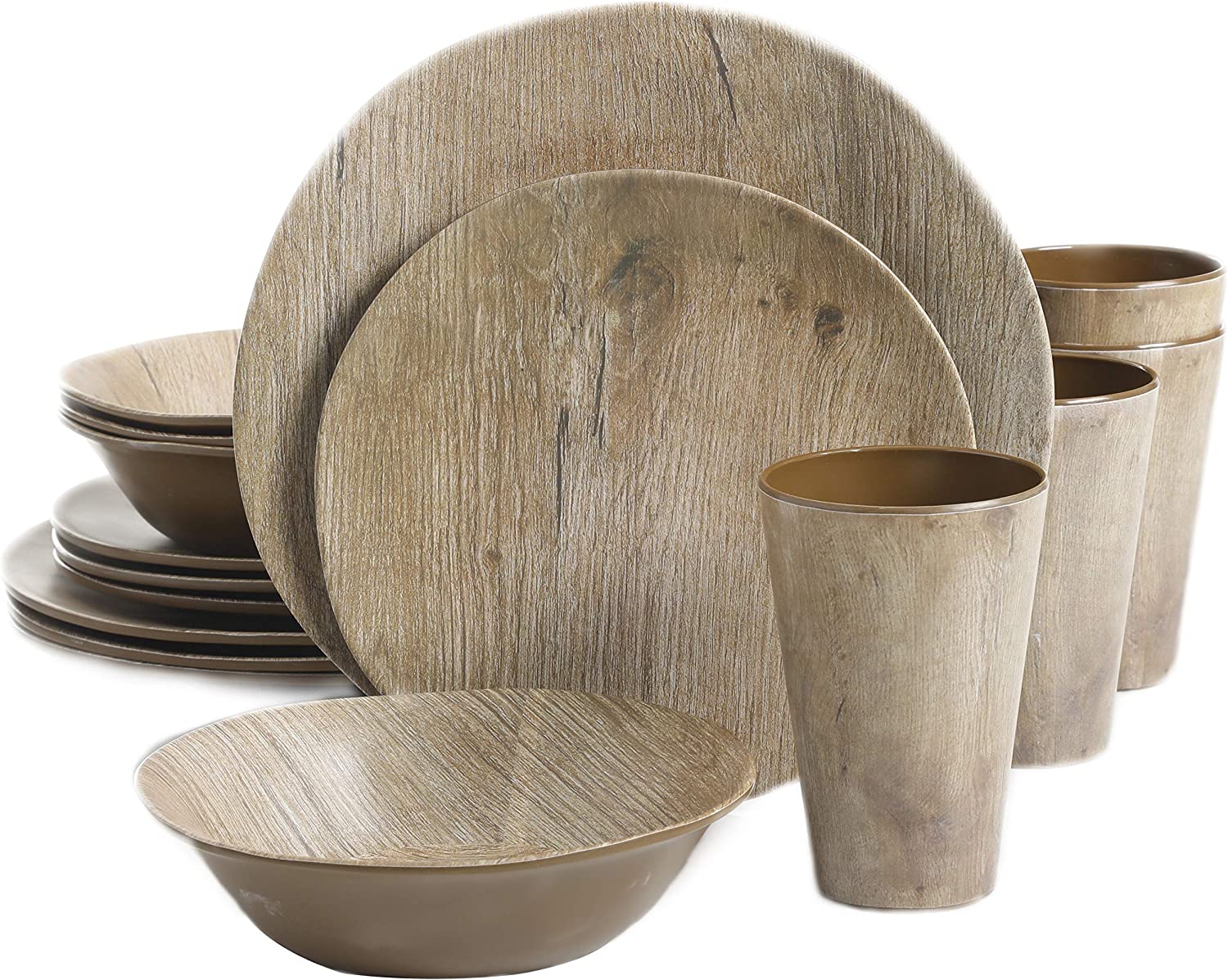 Gibson Home Woodlands Round Melamine Dinnerware Set, Service for Four (16pcs) - Wood