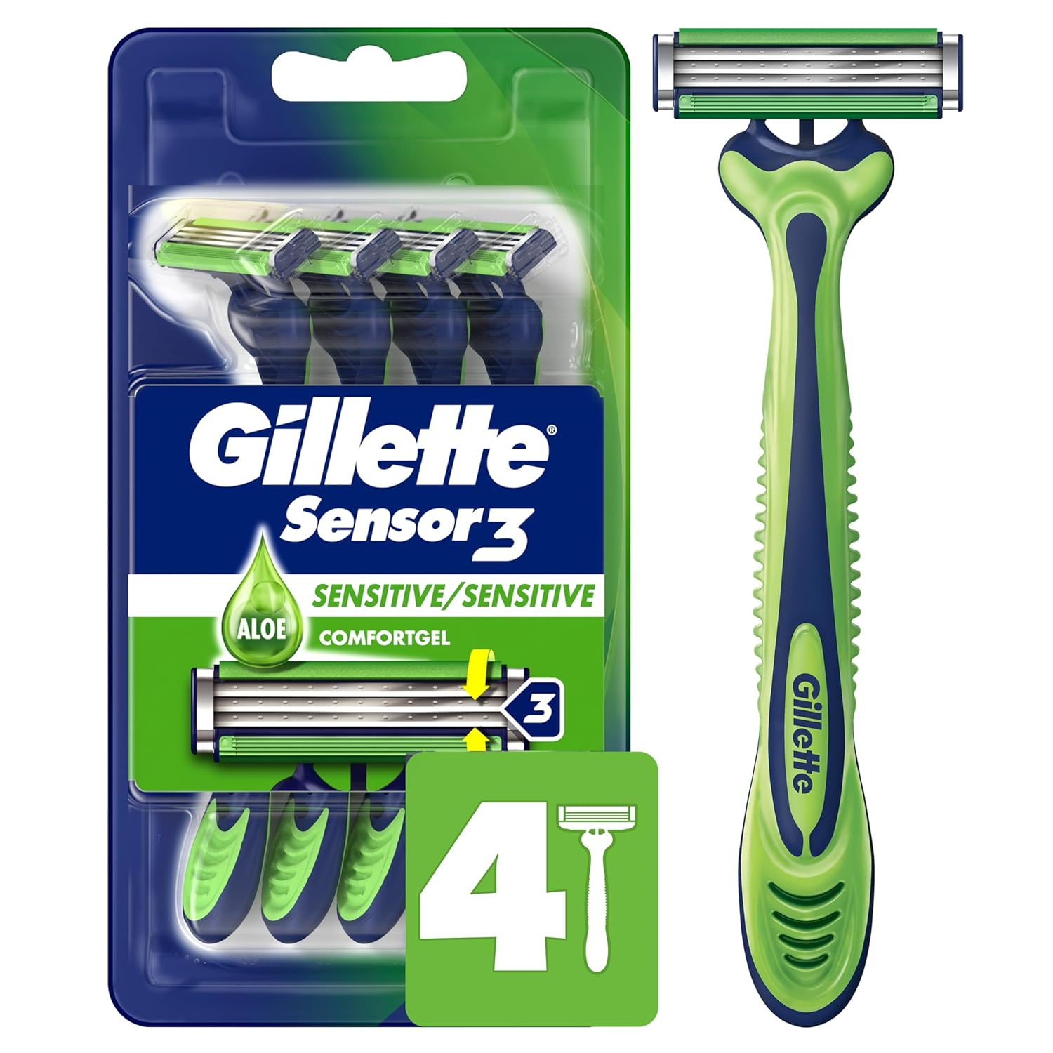Gillette Sensor3 Sensitive Men’s Disposable Razor Green/White 4 Count Pack of 1