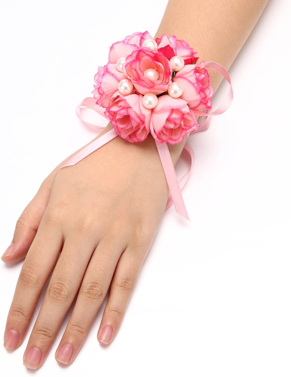 Girl Bridesmaid Wedding Wrist Corsage Party Prom Hand Flower Decor, Pack of 2 - Pink