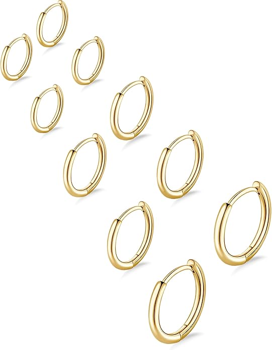 Gokeey 5 Pairs 14K Gold Plated Huggie Hoops – 316L Surgical Stainless Steel Hypoallergenic Earrings for Sensitive Ears (6mm-10mm)