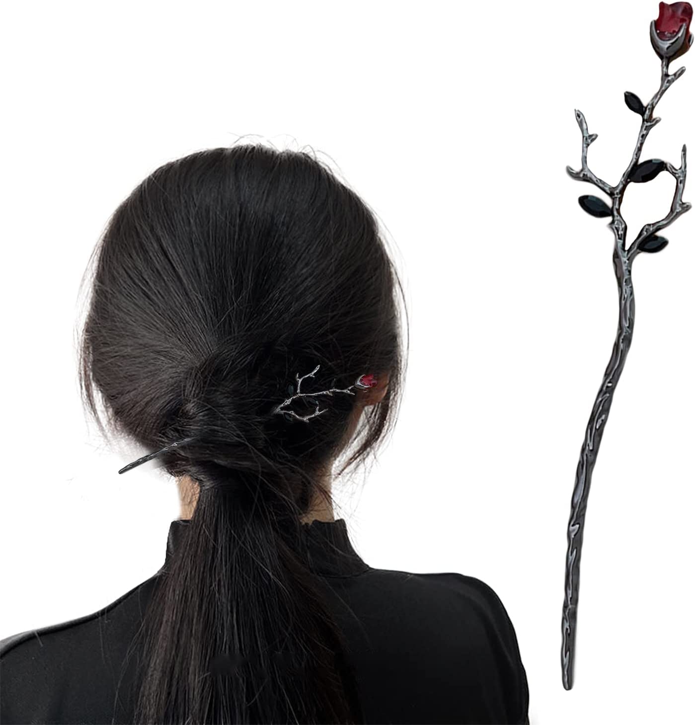 Gun Black Hair Chopsticks,Red Rose Metal Hairpin Flower Hair Sticks, Hair Accessories for Women Girls