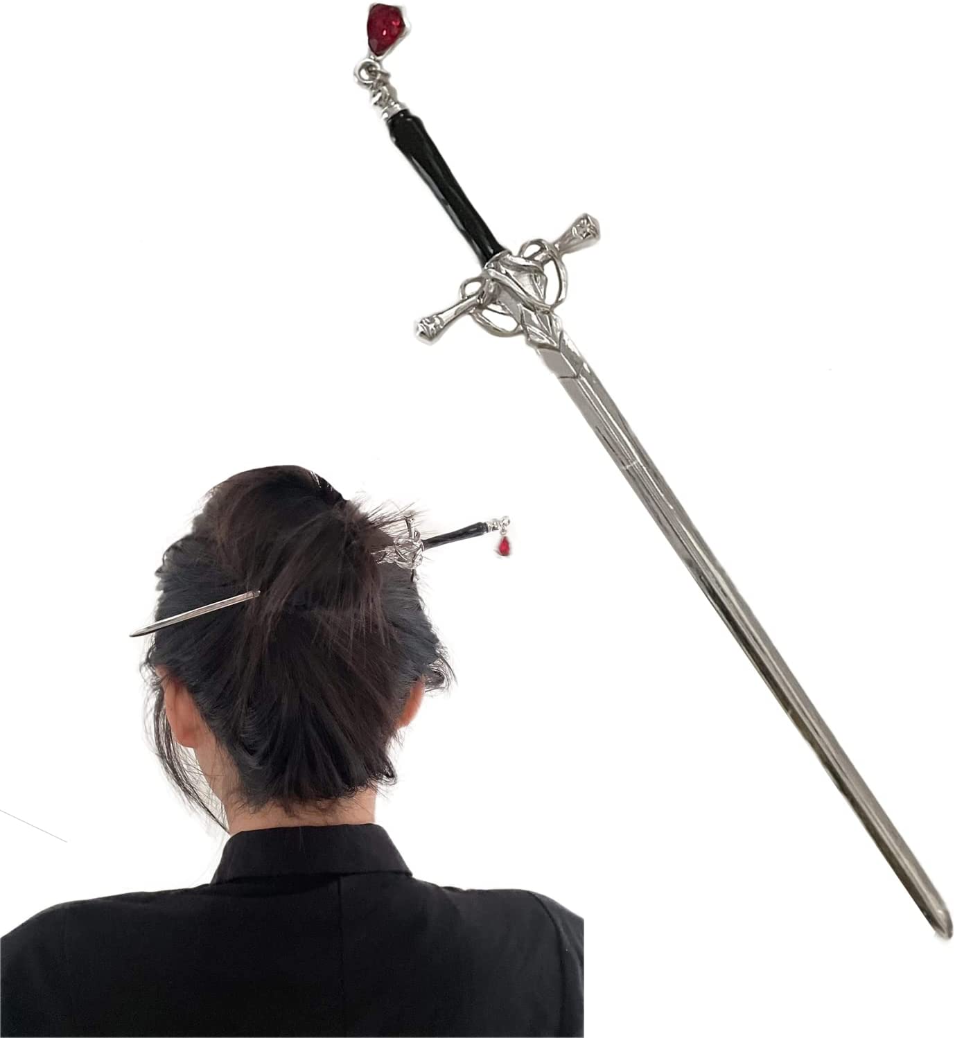 Hair Chopsticks,Comics Chinese Style Hair Pin Sword Hair Sticks for Bun with Tassel Red Gem Hair Accessories for Women Girls Long Hair