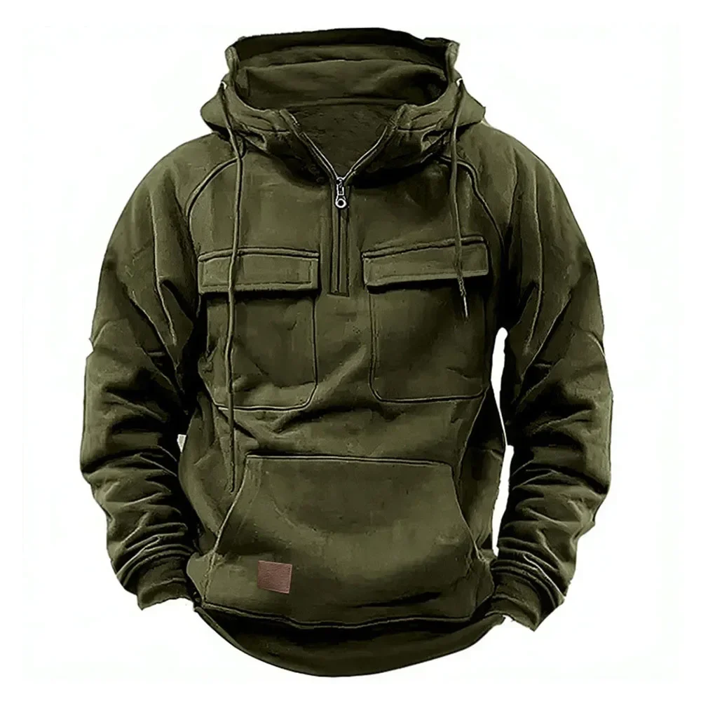 Half Zipper Men's Tactical Hoodies Solid Warm Fleece Military Sweatshirts Multi Pockets Male Hooded 