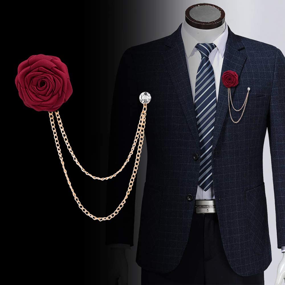 Hand-Made Rose Flower Brooch Lapel Pin Badge Tassel Chain Men's Suit Accessories - Red