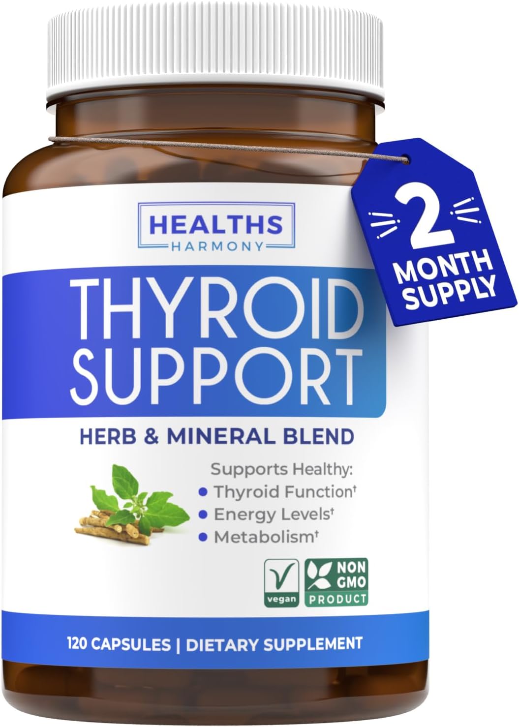 Healths Harmony Thyroid Support with Iodine - 120 Capsules (Non-GMO) 60 Day Supply