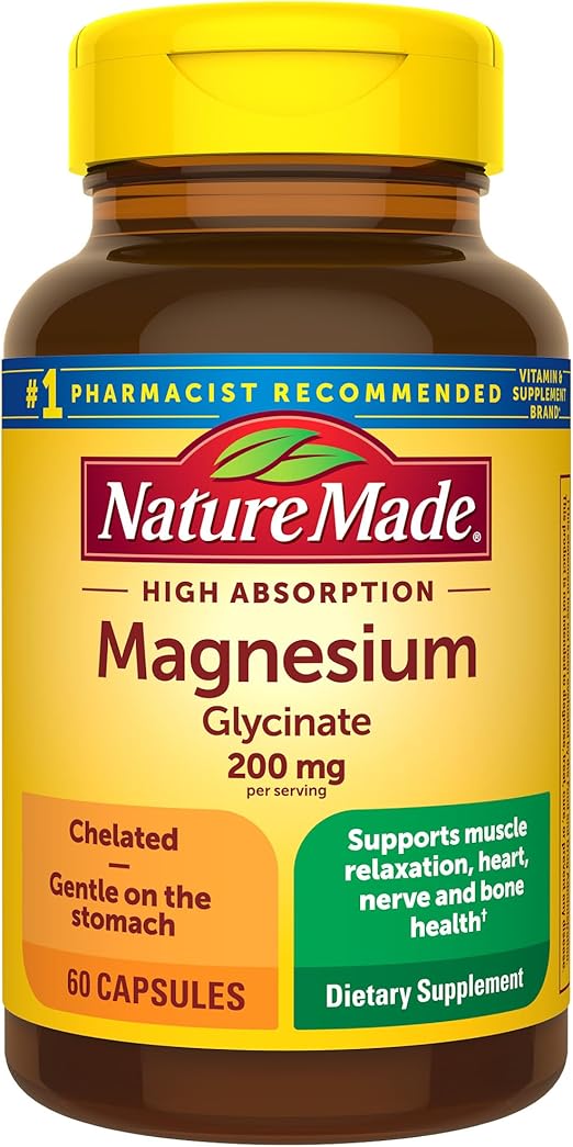 Nature Made Magnesium Glycinate 200 mg per Serving for Muscle, Heart, Nerve and Bone Support, 60 Capsules
