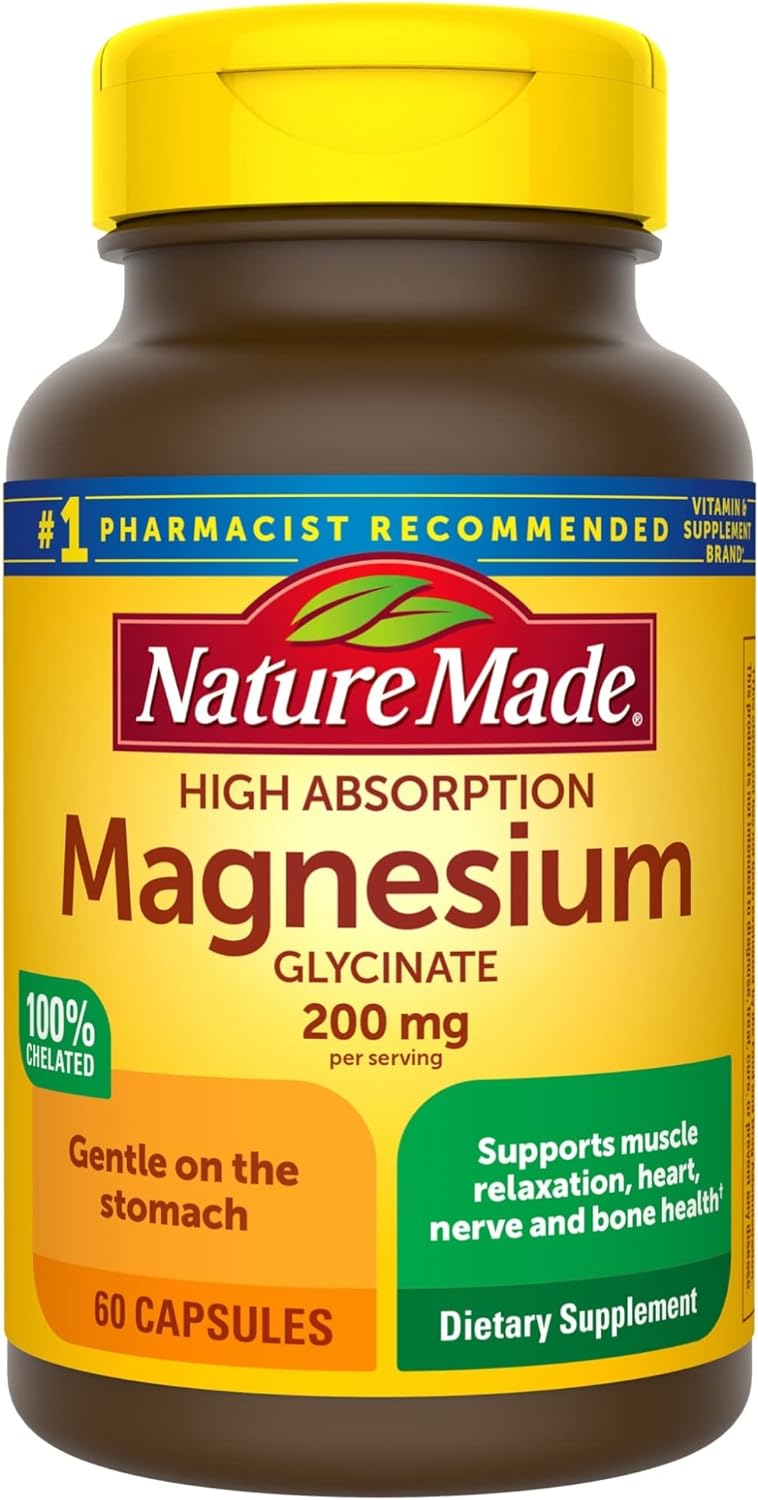 Nature Made Magnesium Glycinate 200 mg per Serving for Muscle, Heart, Nerve and Bone Support, 60 Capsules