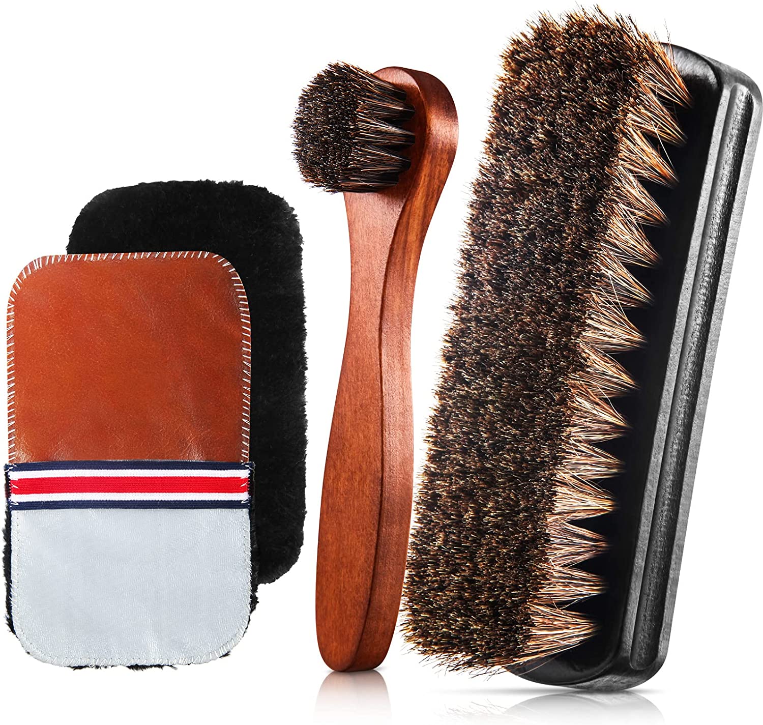 Horsehair Shine Shoes Brush Kit Polish Dauber Applicators Cleaning Leather Shoes Boots Care Brushes Suede Cleaner Brush with Microfiber Shoe Gloves - 4 Pcs