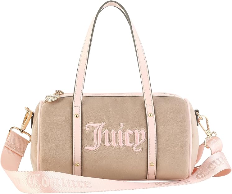 Juicy Couture Queen of Everything Mini Barrel – Luxury Vinyl Handbag in Café/Powder Blush, Imported Iconic Design