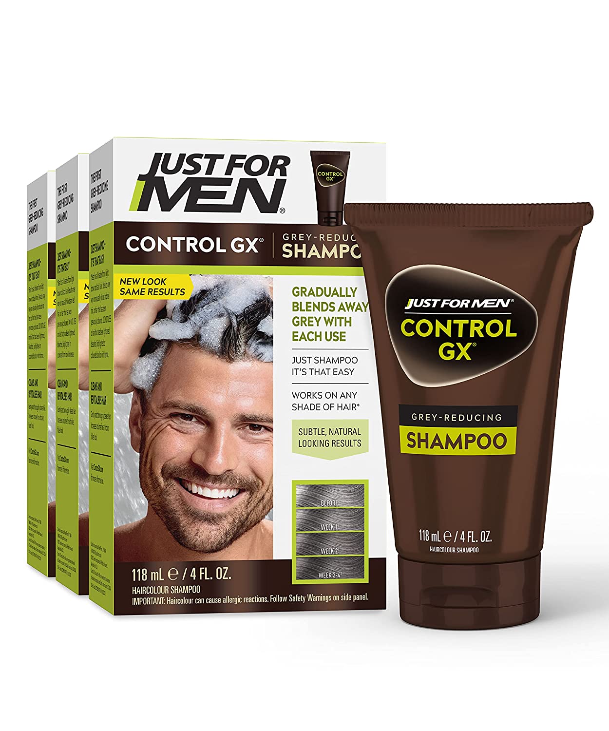Just For Men Control GX Grey Reducing Shampoo, Gradual Hair Color for Stronger and Healthier Hair, 4 Fl Oz - Pack of 3