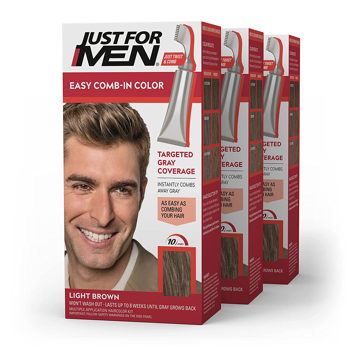 Just For Men Easy Comb-In Color Mens Hair Dye Light Brown 3 Pack