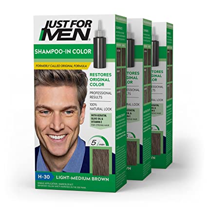Just For Men Shampoo-In Color, Mens Hair Dye with Vitamin E for Stronger Hair Light Medium Brown, H 30, 3 Pack