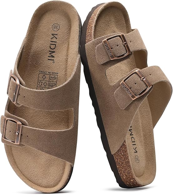 KIDMI Genuine Suede Cork Footbed Sandals – Adjustable Double Buckle Comfort Slides