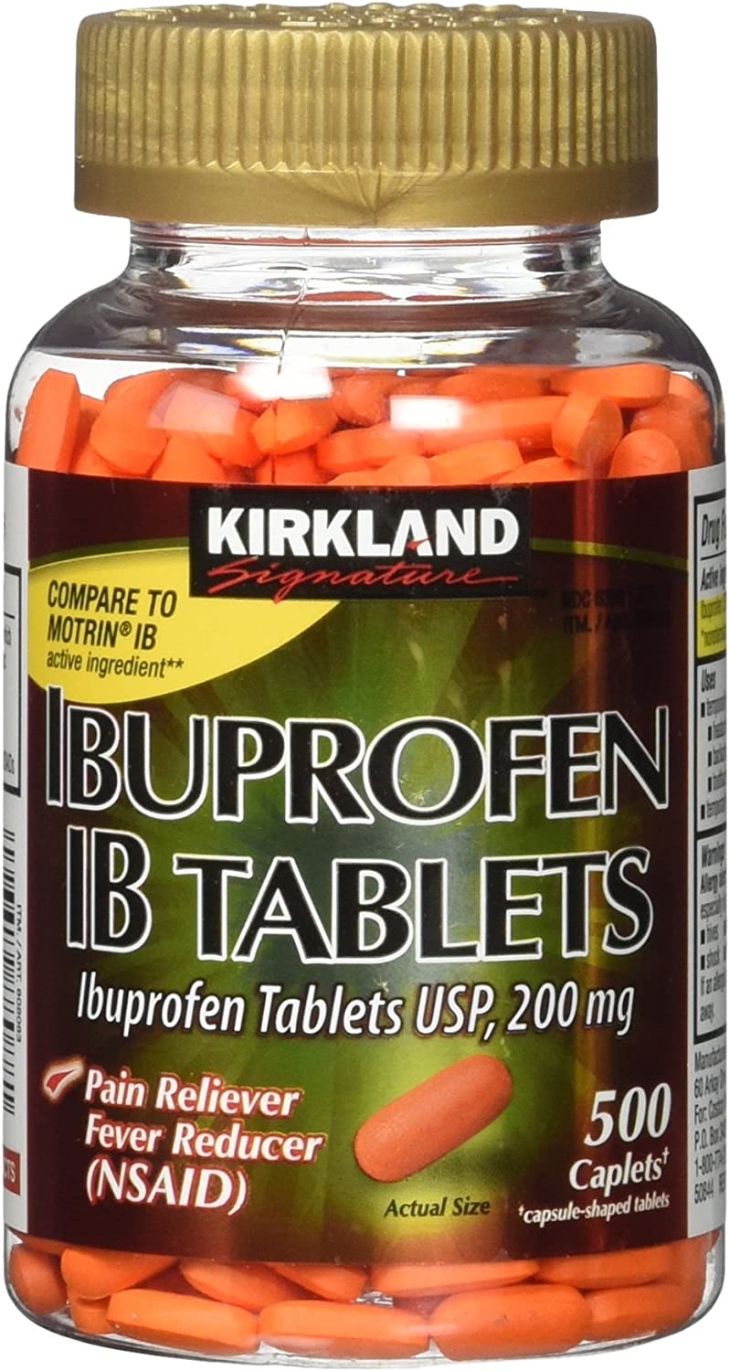 Kirkland Signature Ibuprofen IB Tablets USP 200mg NSAID Easy Swallow Caplets, 500 Caplets