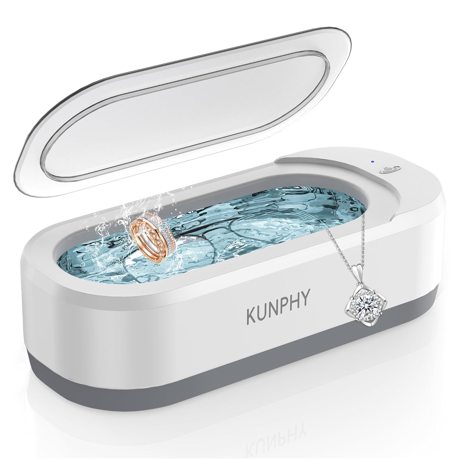 KUNPHY Ultrasonic Jewelry Cleaner 12oz 46KHz – Premium Imported Sonic Cleaner for Rings, Glasses, Dentures & More | One-Touch, Low Noise, Trusted by 7,000+ Global Users (White)