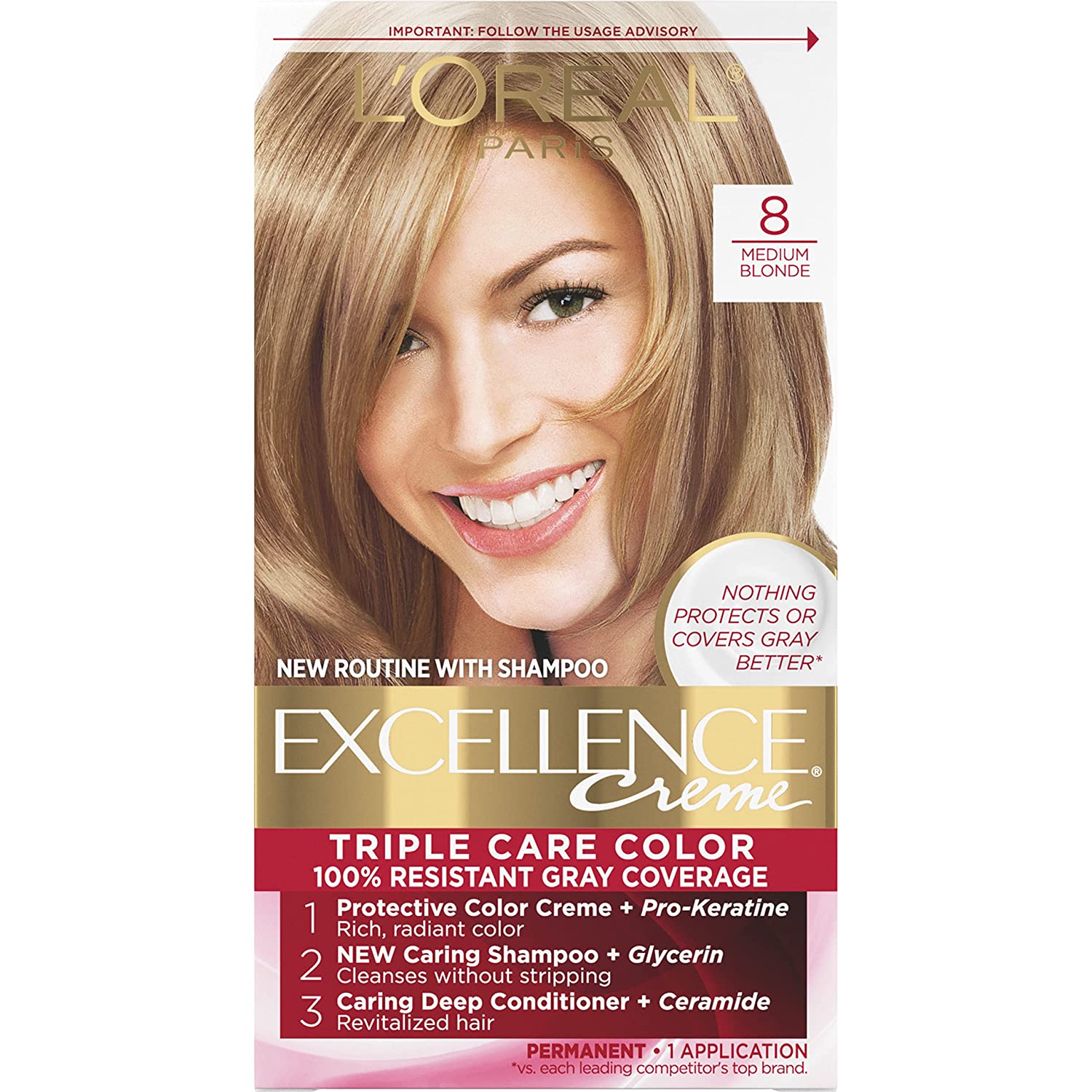 L'Oreal Paris Excellence Creme Permanent Triple Care Hair Color, Gray Coverage For Up to 8 Weeks, All Hair Types - 8 Medium Blonde