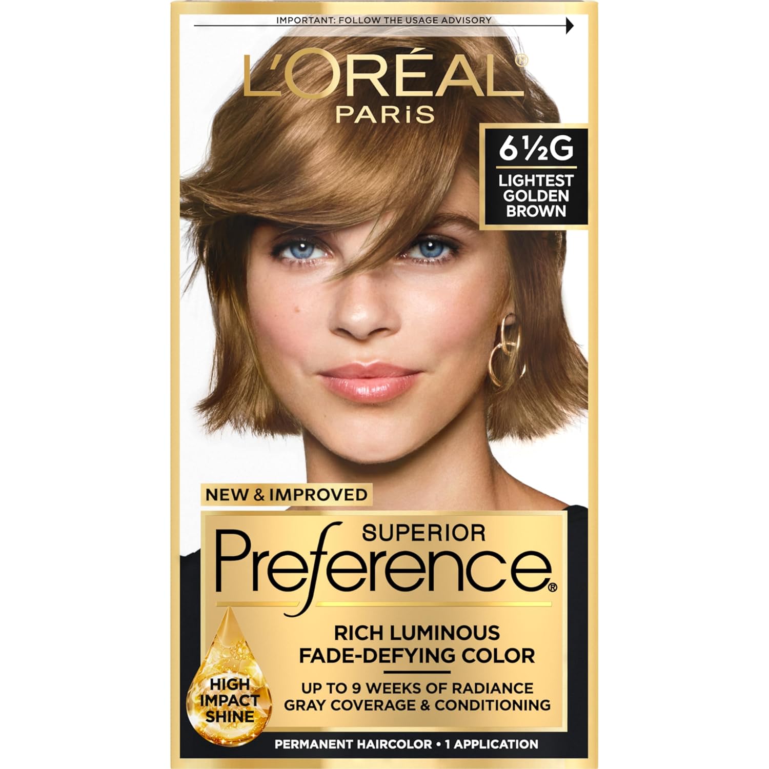 L'Oreal Paris Superior Preference 6.5G Lightest Golden Brown Hair Color – Fade-Defying Permanent Hair Color for Women