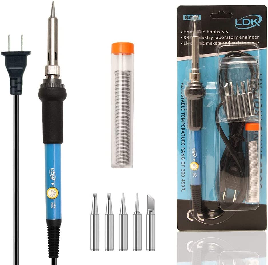 LDK Soldering Iron Kit Electric 60W 110V Adjustable Temperature Soldering Gun Welding Tools, 5pcs Replacement Tips and Solder Wire Tube for Basic Purpose
