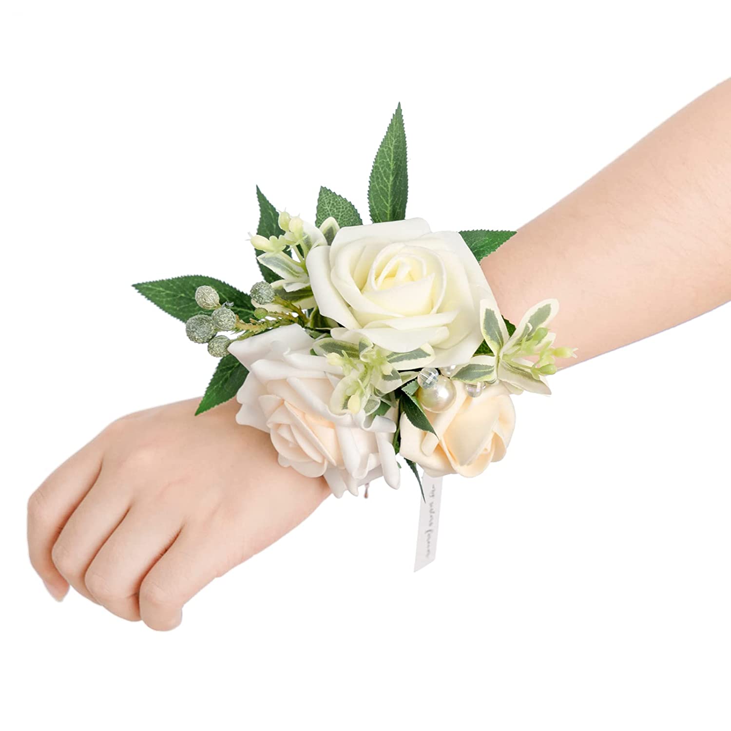 Ling's Moment Wrist Corsages for Wedding, Ivory & Cream Corsages for Mother of Bride and Groom - Set of 2 Flowers