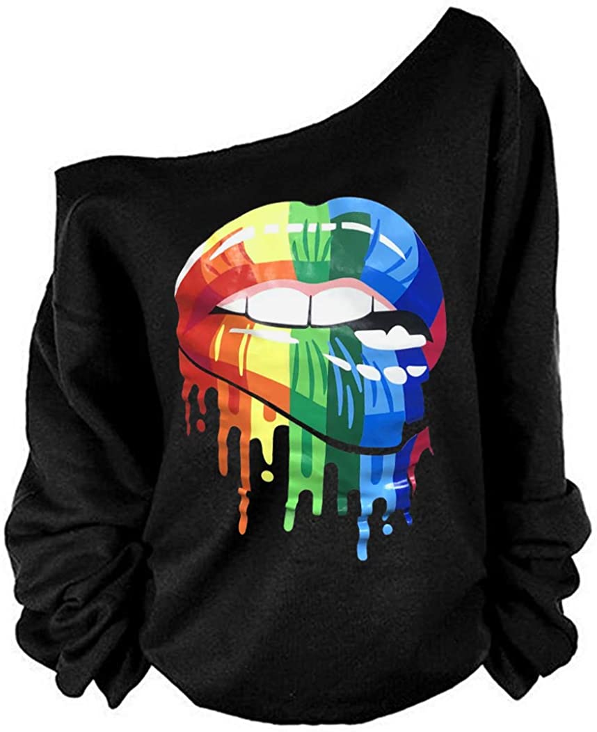MAGICMK Woman’s Sweatershirt Lips Print Causal Blouse Off The Shoulder Long Sleeve - X-Large