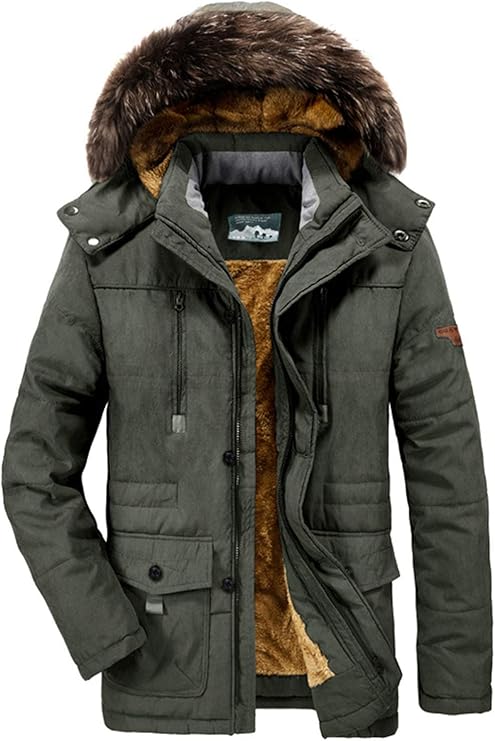 Men Hooded Winter Jacket – Faux Fur Lined Thick Warm Coat Pakistan Army Green