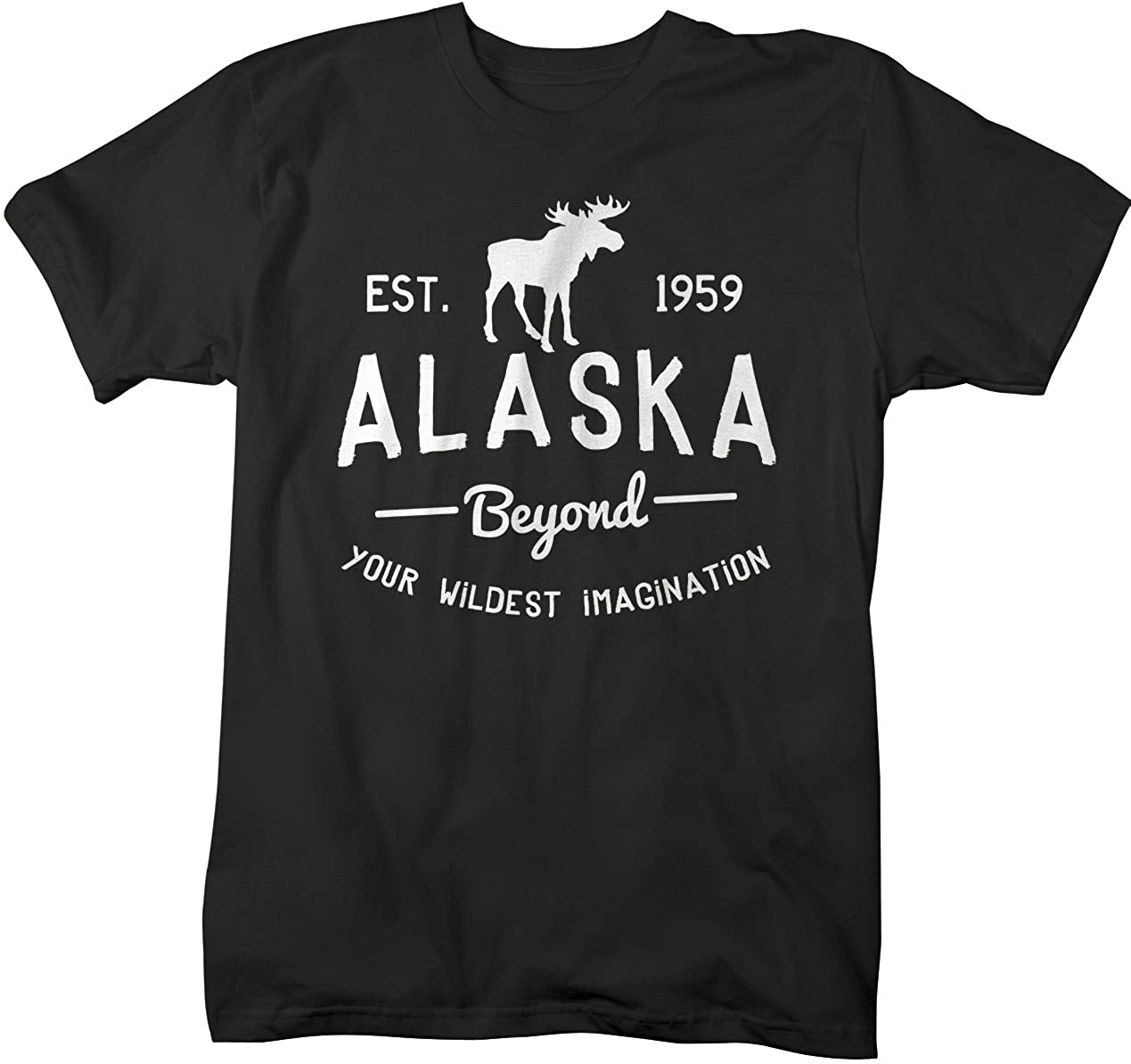 Men s Alaska State T-Shirt Beyond Your Imagination Moose Ring Spun Cotton (Black Xlarge)