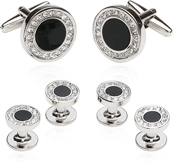 Men's Black Onyx and Cubic Zirconia Silver Cufflinks Studs Formal Set for Special Occasions Cufflinks