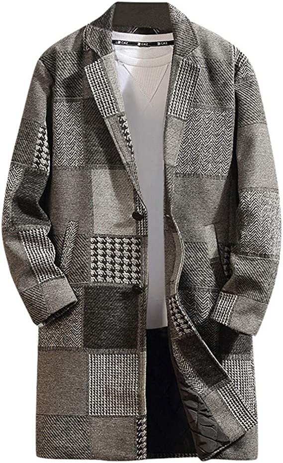Men's Houndstooth Long Coat Casual Winter Fashion Wool Jacket Classic Slim Outwear - A-Gray