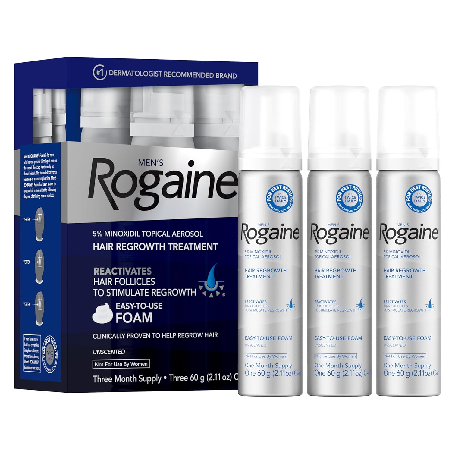 Rogaine 5% Minoxidil Foam for Men – Imported Hair Regrowth Mousse, 3-Month Extra Strength Supply for Thinning Hair