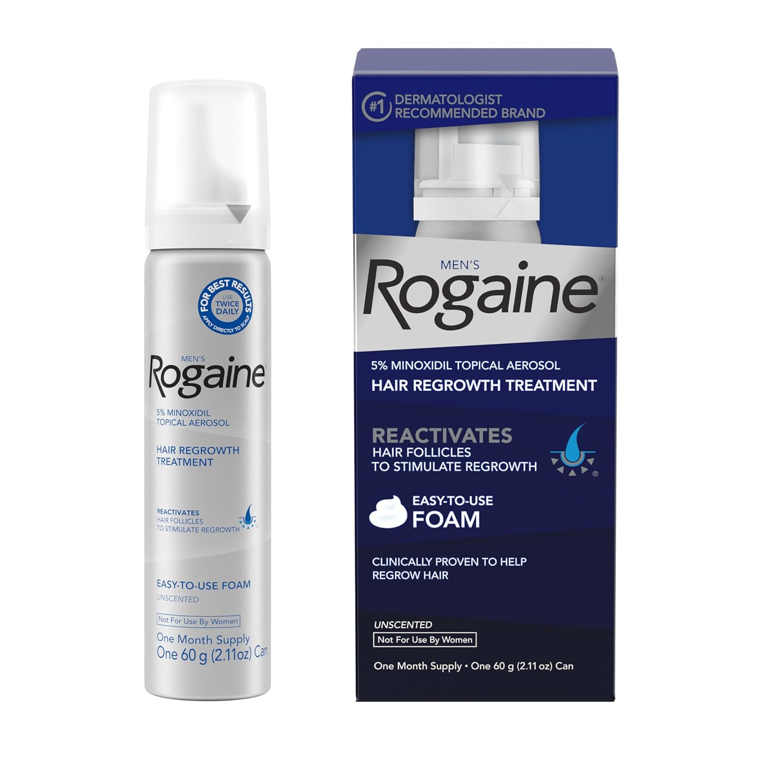 Men’s Rogaine 5% Minoxidil Topical Foam – Unscented Hair Regrowth Treatment (1 Month Supply, Imported USA)