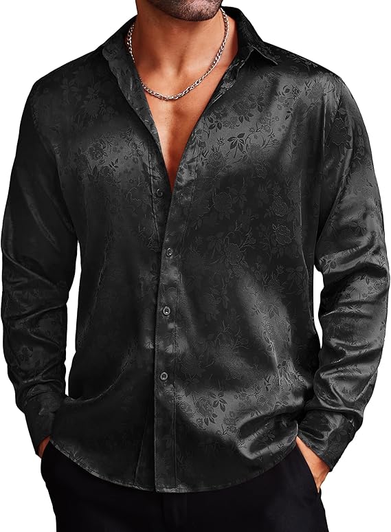 COOFANDY Men's Luxury Silk Satin Jacquard Dress Shirt – Floral Long Sleeve Button Down (For Weddings & Party Wear)