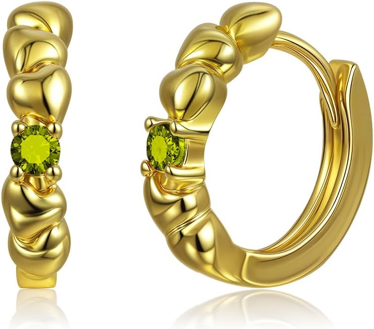 Molenia 14mm Sterling Silver Huggie Earrings with Birthstone – 925 Silver 14K Gold Plated Hypoallergenic Small Hoops (Pack of 1 Pair)