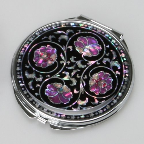 Mother of Pearl Purple Arabesque Flower Design Art Double Compact Makeup Cosmetic Pocket Hand Mirror -3.2oz (90g)