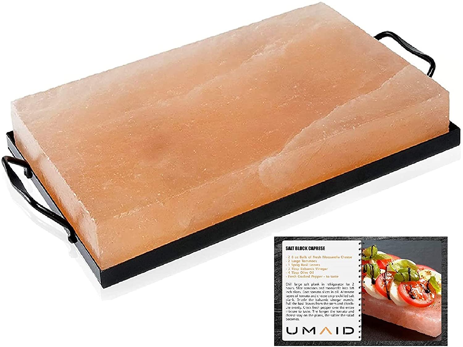 Natural Himalayan Rock Salt Block Cooking Plate 12 X 8 X 1.5 for Cooking, Grilling, Cutting and Serving with Metal Steel Tray Set