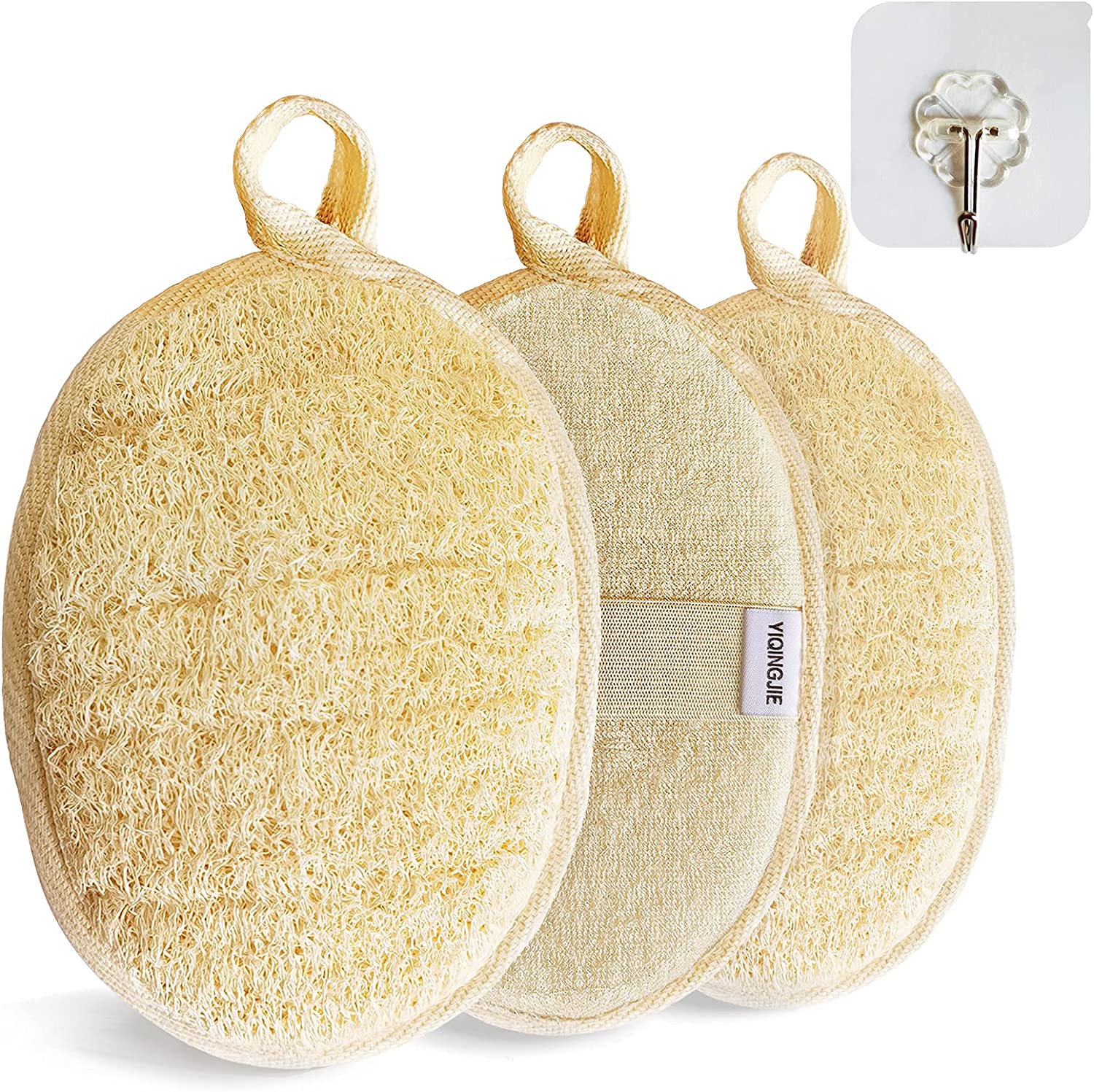 Natural Loofah Sponge Exfoliating Body Scrubber, Biodegradable Body Buffer for Women and Men, Beige