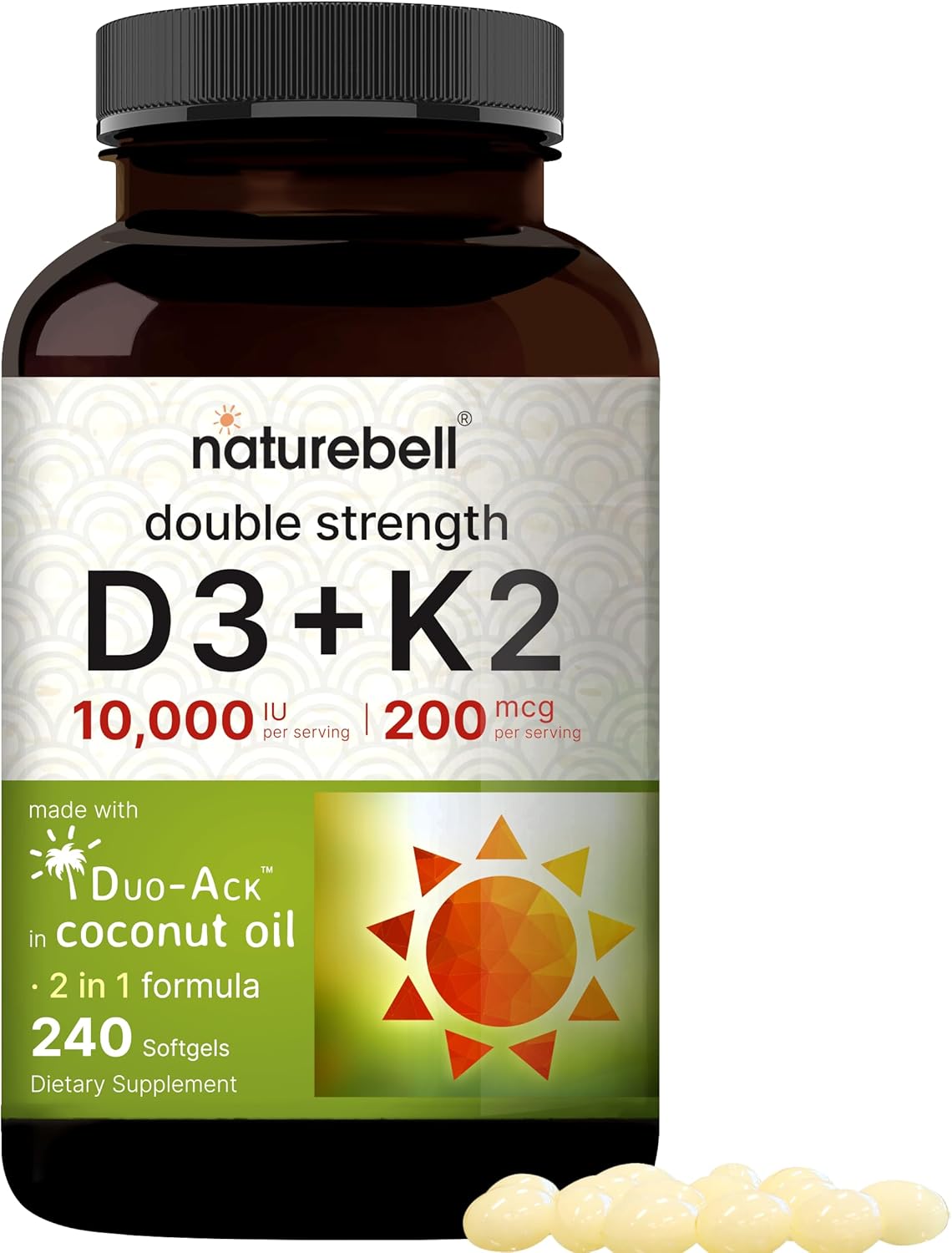 NatureBell Premium D3+K2 Complex (10,000 IU/200mcg) - 240 Softgels