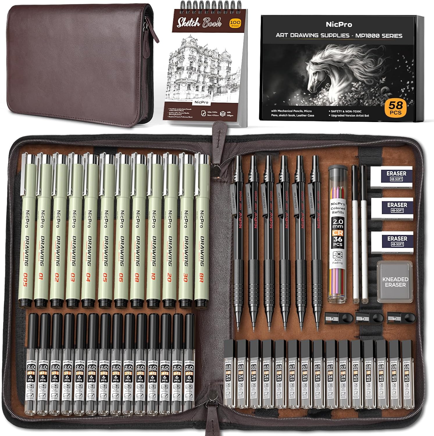 Nicpro 58PCS Art Drawing Supplies Kit - Professional Drafting Pencil Set with Leather Case, Micron Pens, Sketch Book & Lead Refills - Premium Artist Drawing Kit for Beginners & Professionals