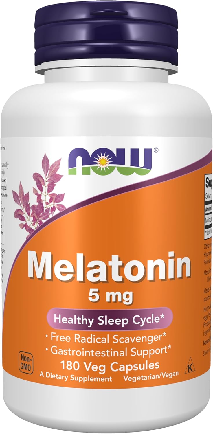 NOW Foods Melatonin 5 mg, Imported for Healthy Sleep Cycle (180 Veg Caps)