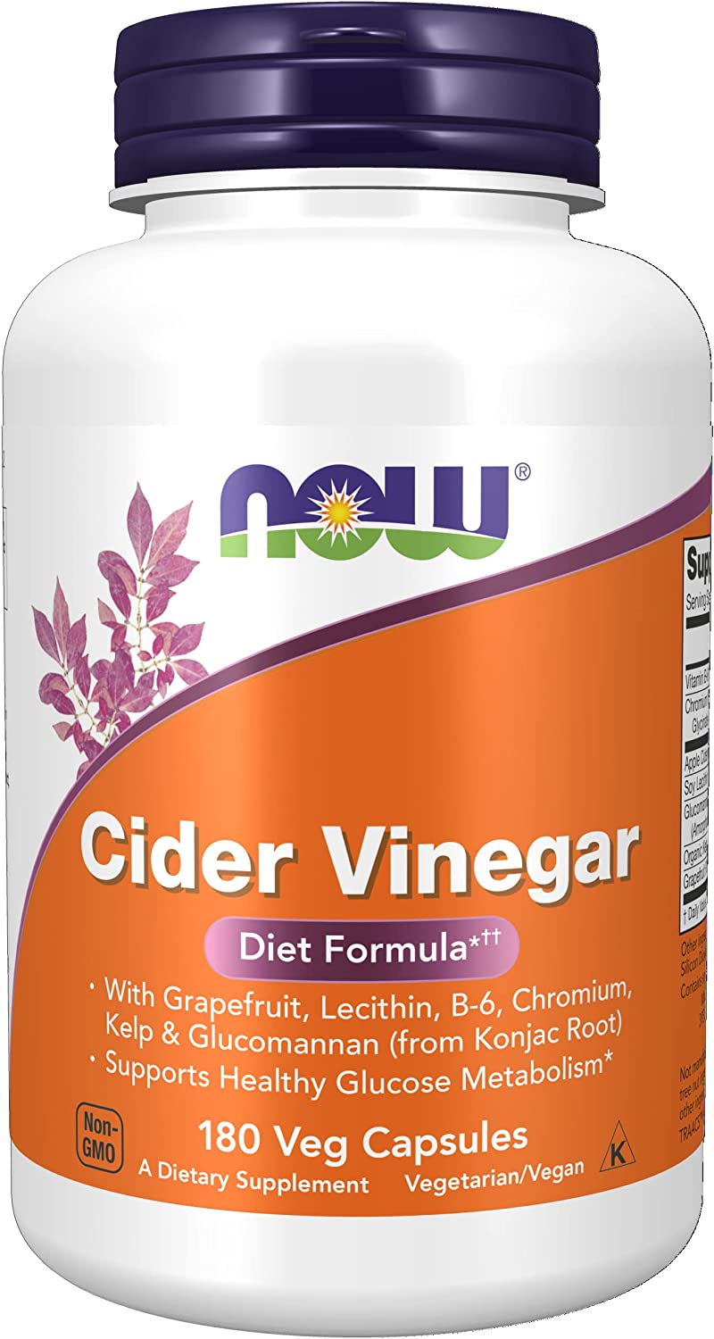 NOW Supplements, Cider Vinegar, with Grapefruit, Lecithin, B-6, Chromium, Kelp & Glucomannan - 180 Veg Capsules