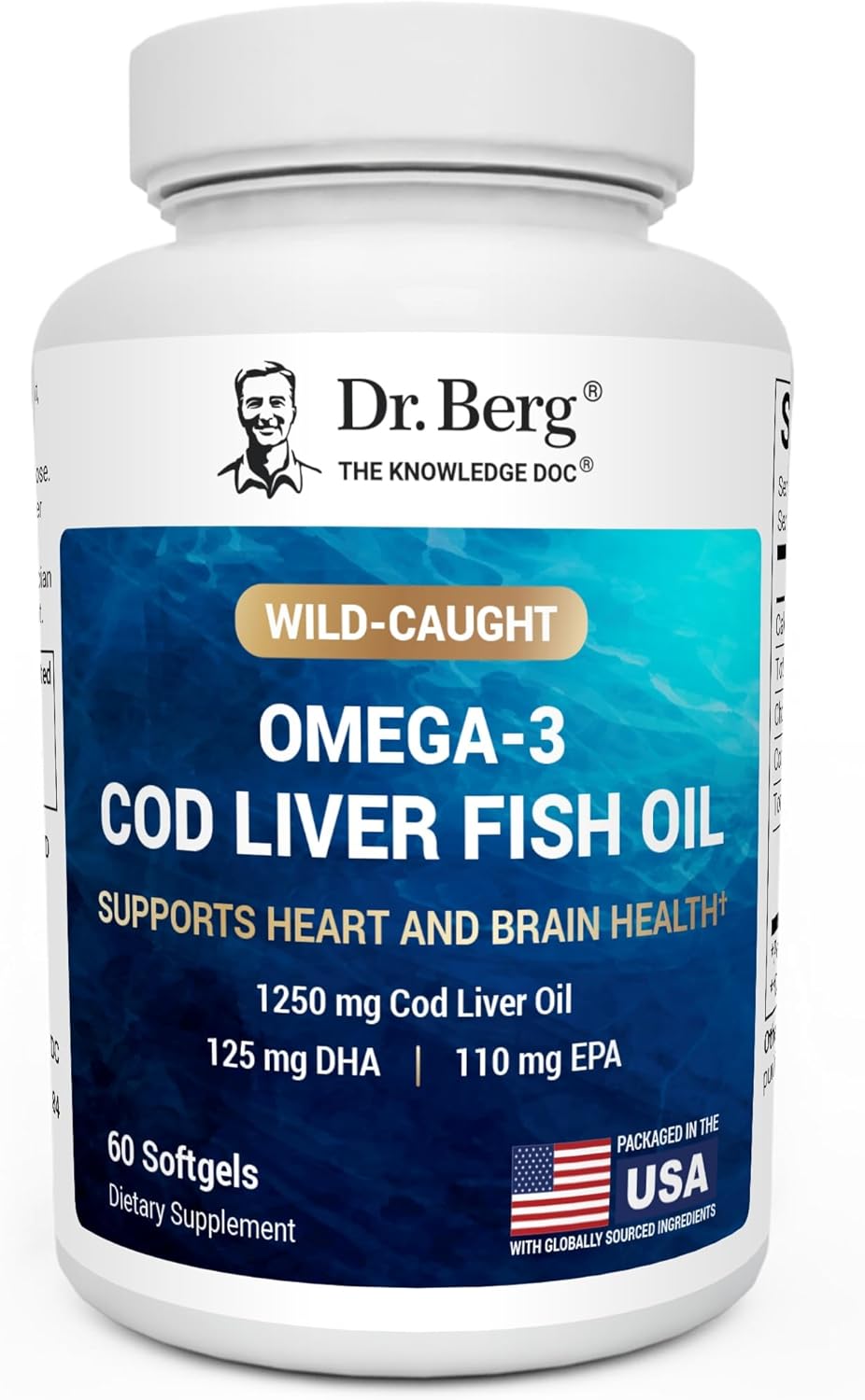 Dr. Berg Maximum Strength Omega‑3 Cod Liver Oil 1250mg (Wild‑Caught Cod) – Lemon Softgels for Men & Women (60 Count)