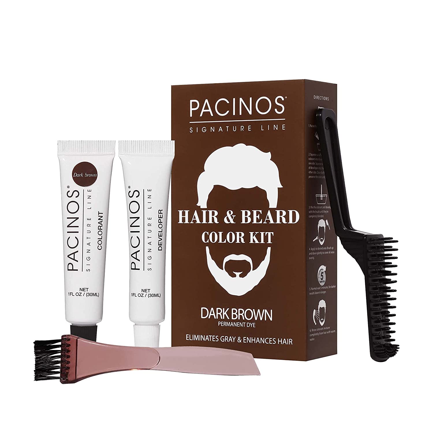 Pacinos Hair & Beard Color Kit (Dark Brown) - Hair Color For Men's Moustache & Beard - 1 Fl Oz (30ml)