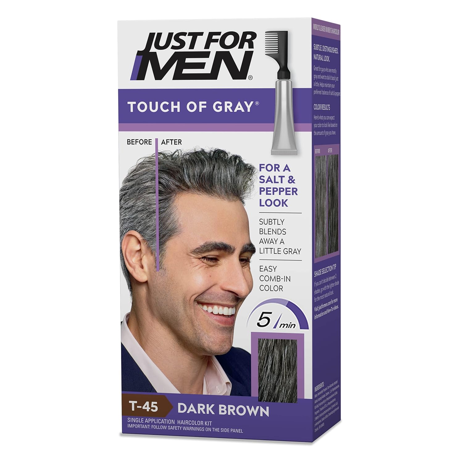 Just For Men Dark Brown Hair Color Touch of Gray, T-45 Dark Brown Hair Color for men with Comb Applicator