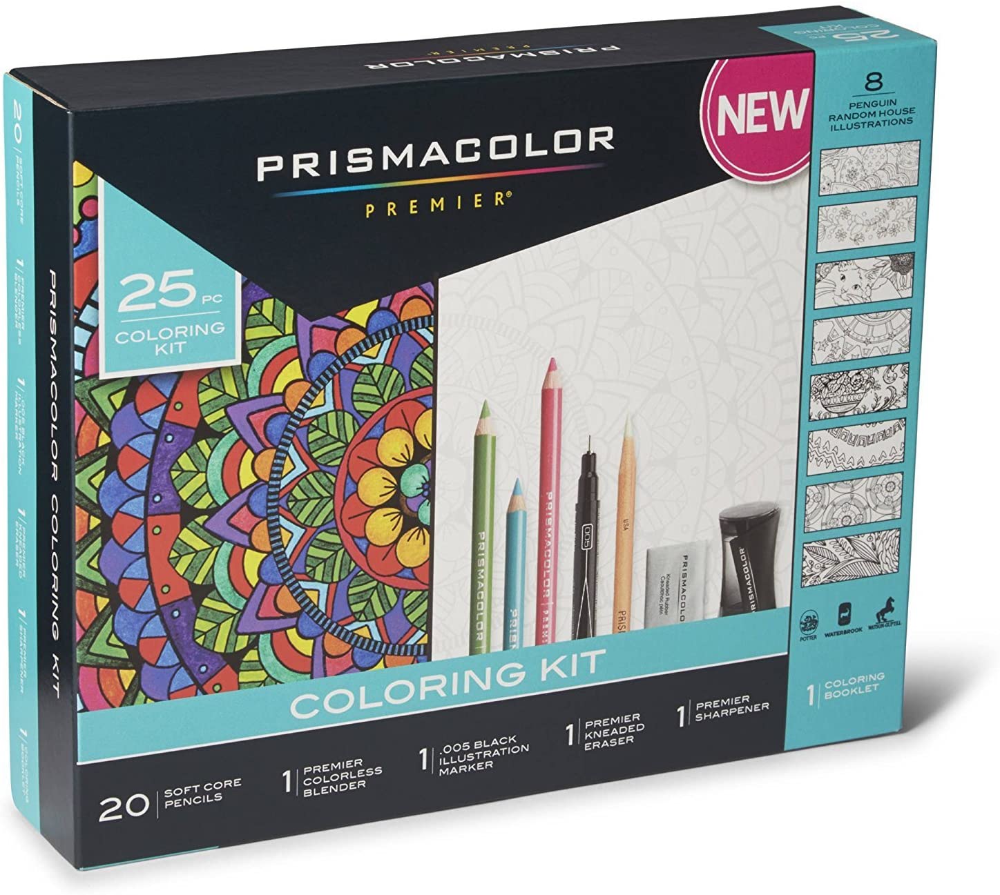 Prismacolor Premier Soft Core Pencils Adult Coloring Book Kit with Blender, Illustration Marker, Eraser, Sharpener and Coloring Booklet, 25 Pieces