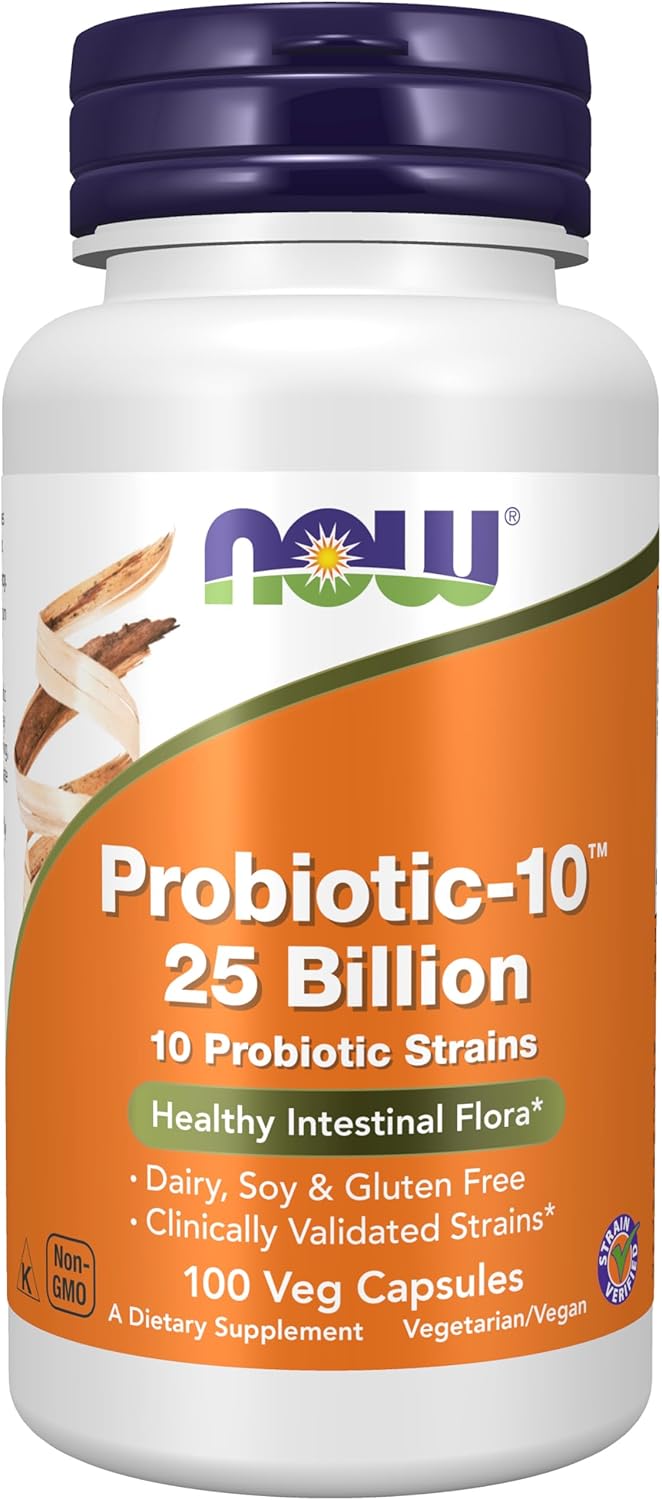 NOW Foods Probiotic-10™ 25 Billion CFU, 10 Strain Verified Probiotic Supplement, 100 Veg Capsules (Dairy, Soy & Gluten Free) for Immune & Digestive Health