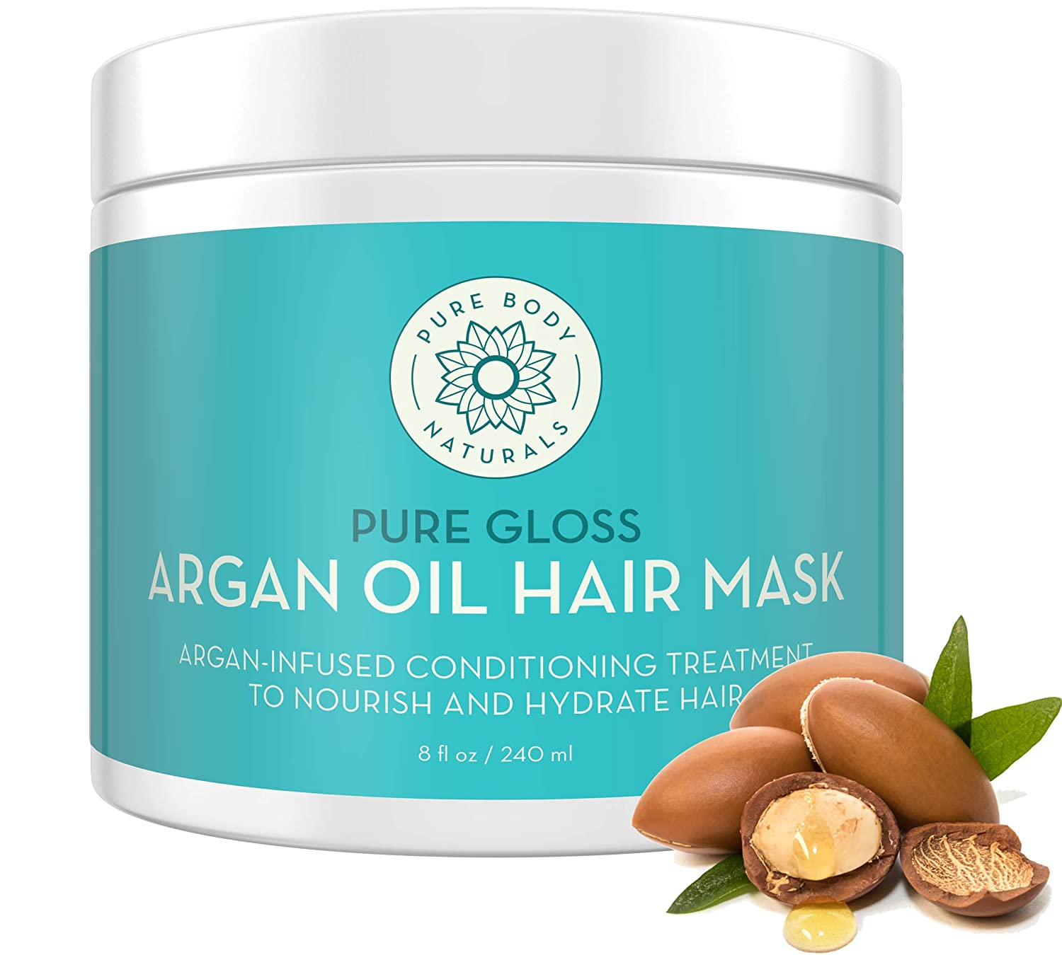 Pure Body Naturals Argan Oil Hair Mask or Damaged Hair, Deep Conditioning Hair Treatment and Moisturizer - 8 Fl.Oz (240 ml)