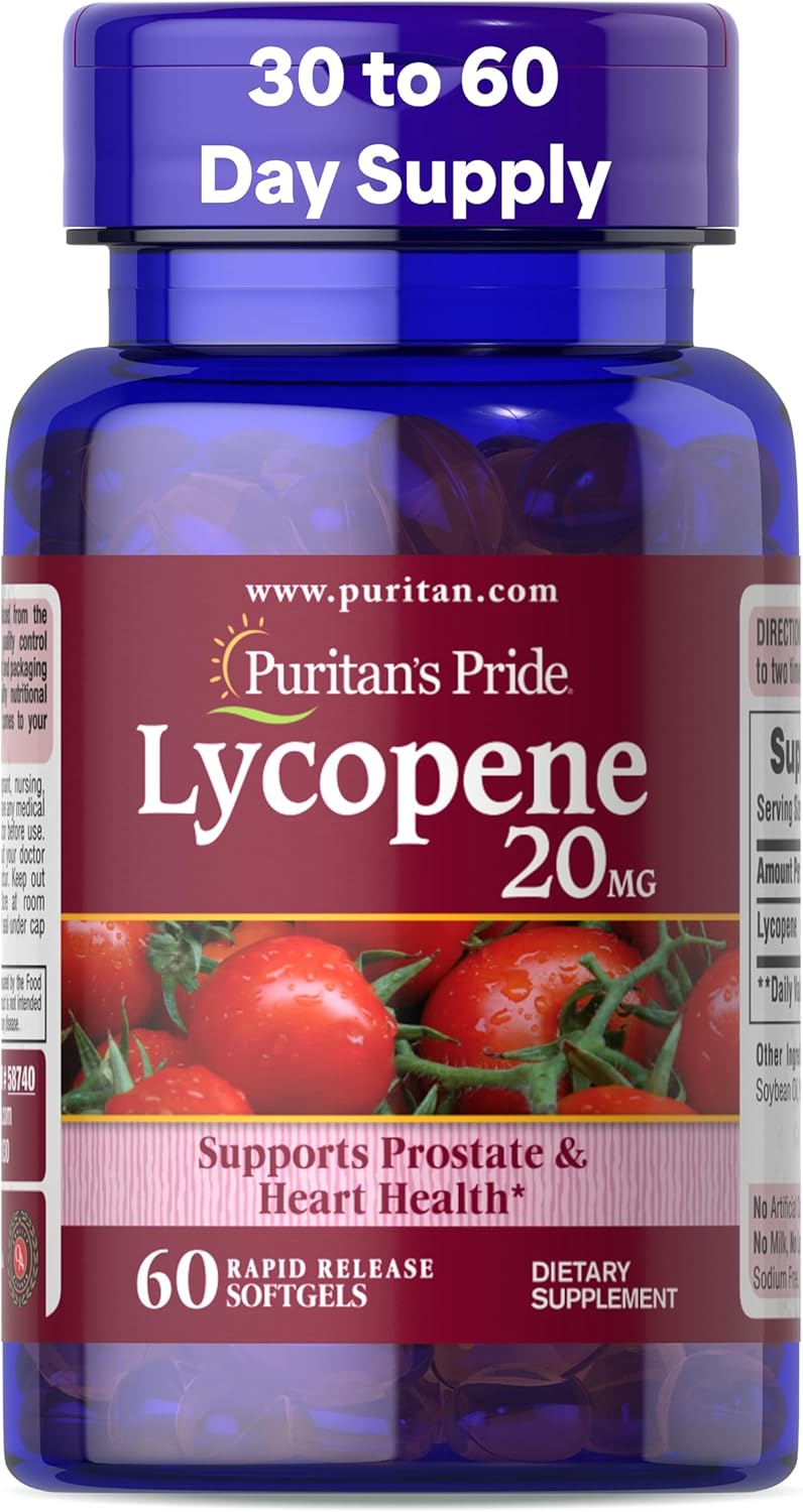 Puritan's Pride Premium Lycopene 20mg - 60 Rapid Release Softgels (1 Month Supply) for Prostate, Heart & Antioxidant Health Support