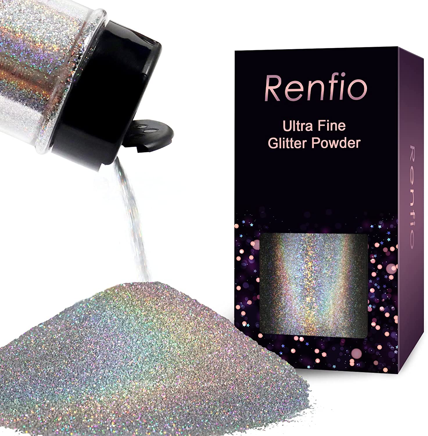 Renfio Holographic Ultra Fine Glitter Powder Epoxy Chips Flakes for Tumblers Slime 1.75 Oz (50g) - Laser Silver