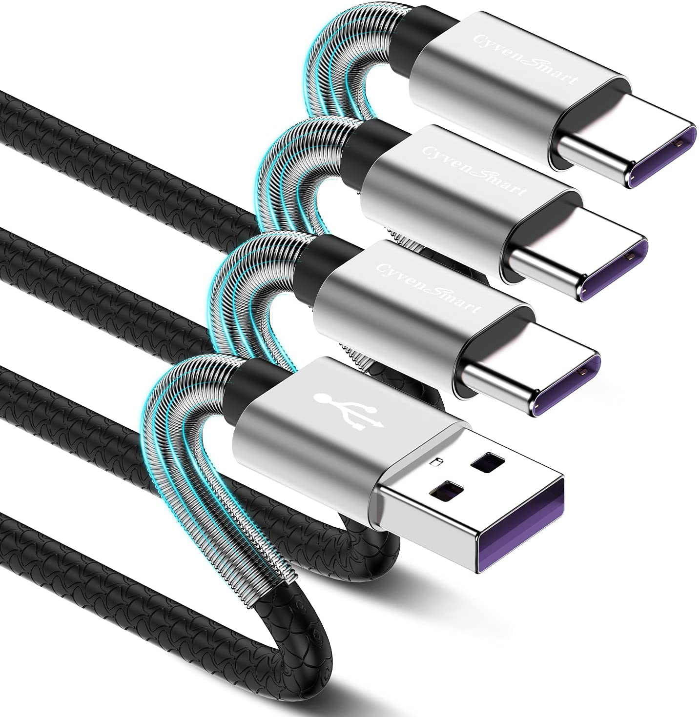 Samsung Galaxy S10 S9 S8 S8 Plus Note 8 Fast Charger Braided USB Type C Cable, Pack of 3 - Silver