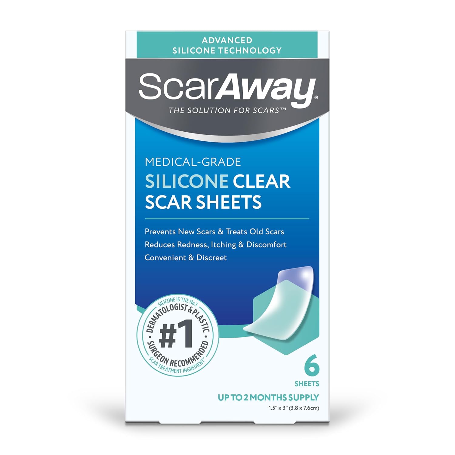 ScarAway Advanced Clear Silicone Scar Sheets - 6 Sheets (1.5" x 3") - Medical Grade Scar Treatment for Surgical, Burn, Keloid & Hypertrophic Scars - Reusable & Waterproof