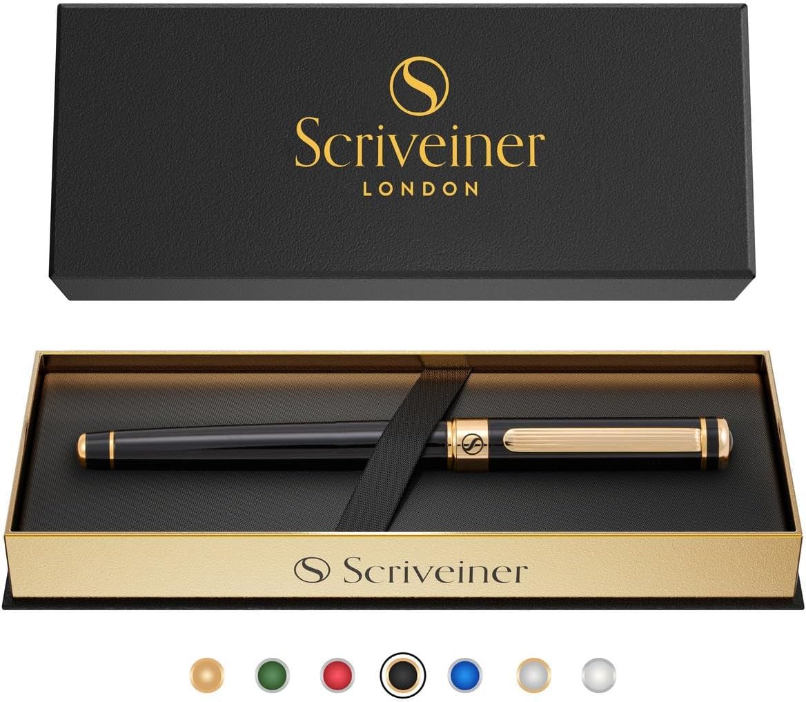 Scriveiner Black Lacquer Rollerball Pen - Luxury Gold Plated Executive Pen with Schmidt Ink Refill, Premium Gift Set for Professionals & Writers | Imported via Amazon Pakistan